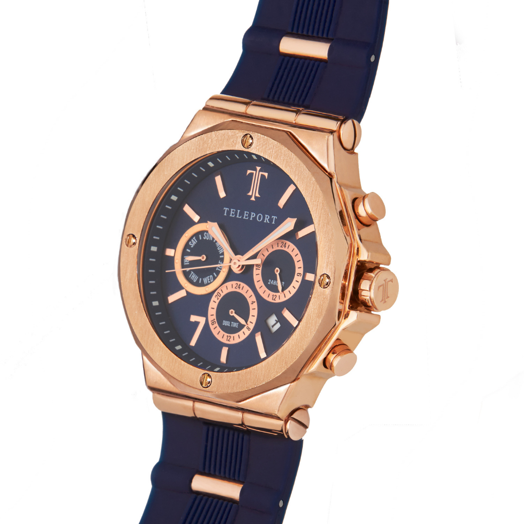 Teleport Watches Blue & Rose Gold Silicone Watch