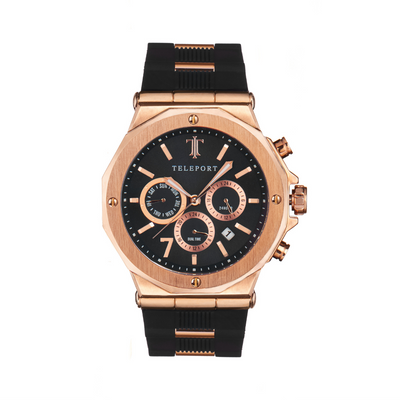 Men's Black and Rose Gold Silicone Watch