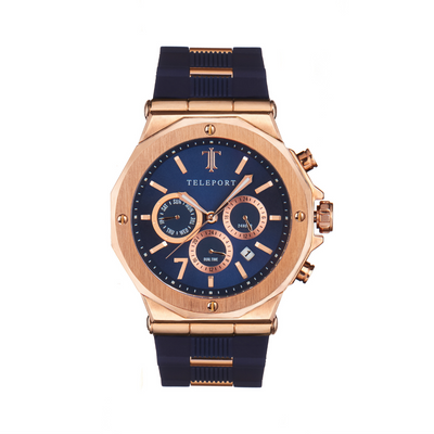Men's Blue and Rose Gold Silicone Watch