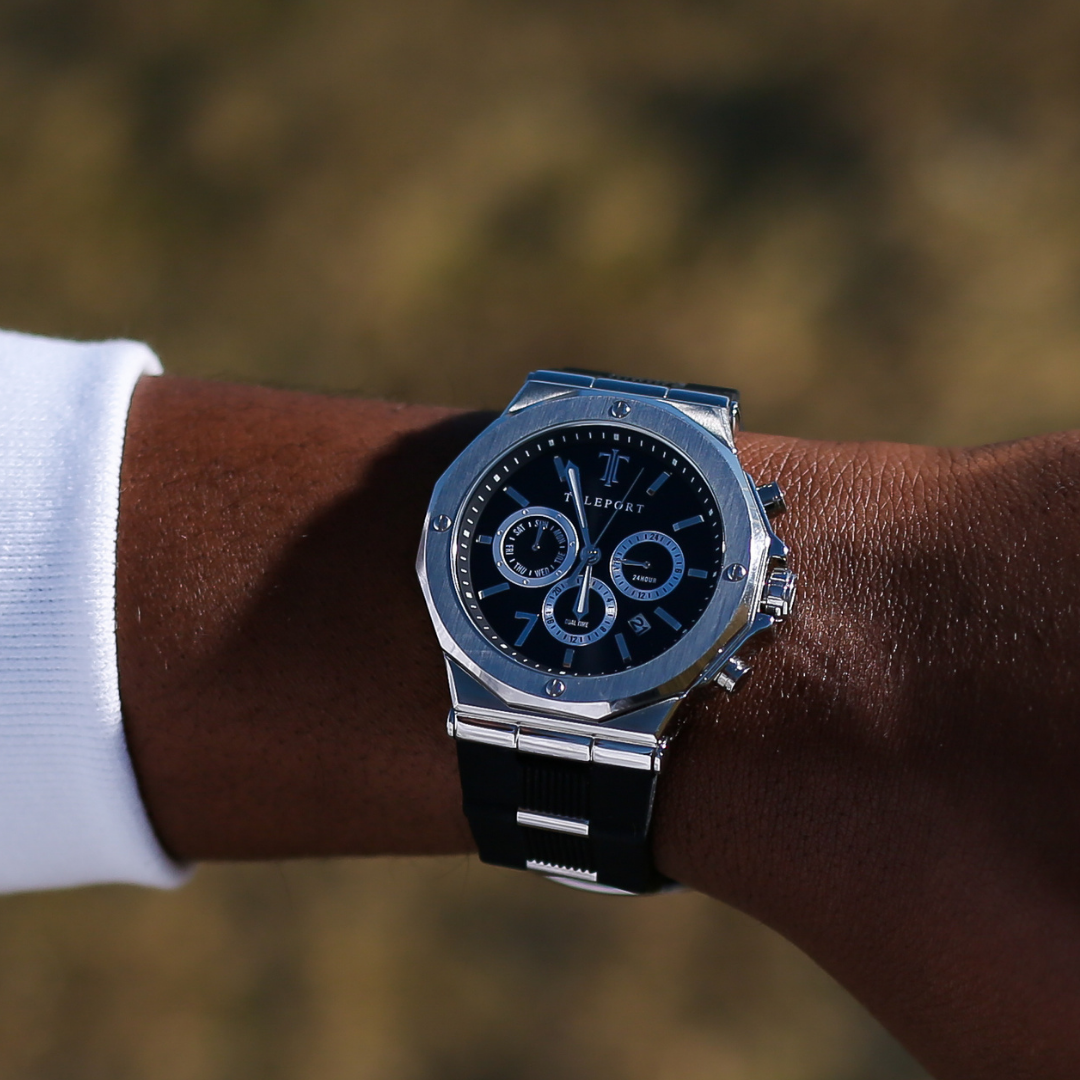 Teleport Watches Black Silver Silicone Watch