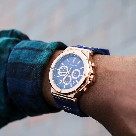 Teleport Watches | Blue & Rose Gold Silicone Watch display picture 2