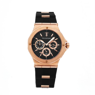 Teleport Watches Women's Black and Rose Gold Silicone Band