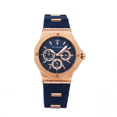 Teleport Watches Women's Blue and Rose Gold Silicone Band
