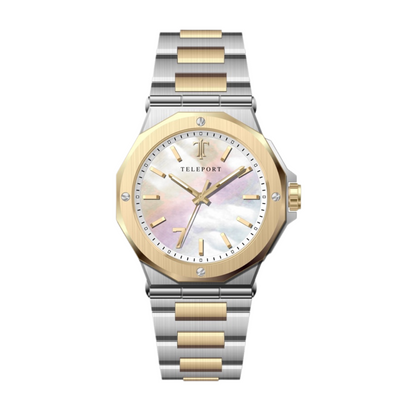 Women's Silver and Gold Mother of Pearl Metal Teleport Watch