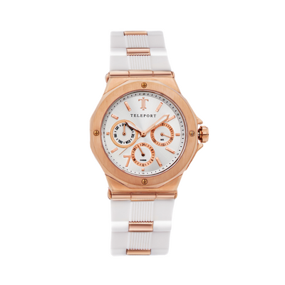 Teleport Watches Women's White and Rose Gold Silicone Band